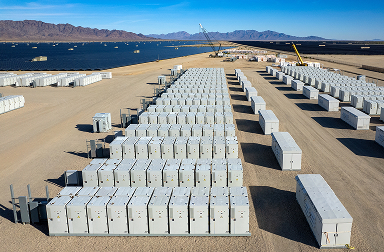Aerial view of Desert Sunlight Solar Farm battery storage units