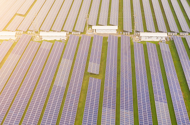 Field of solar panels viewed from above.