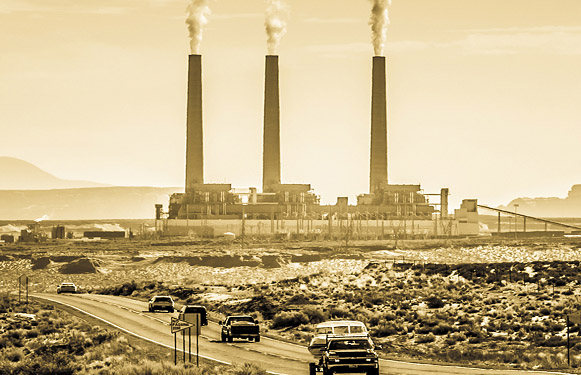 Factory mokestacks from the 1950s.